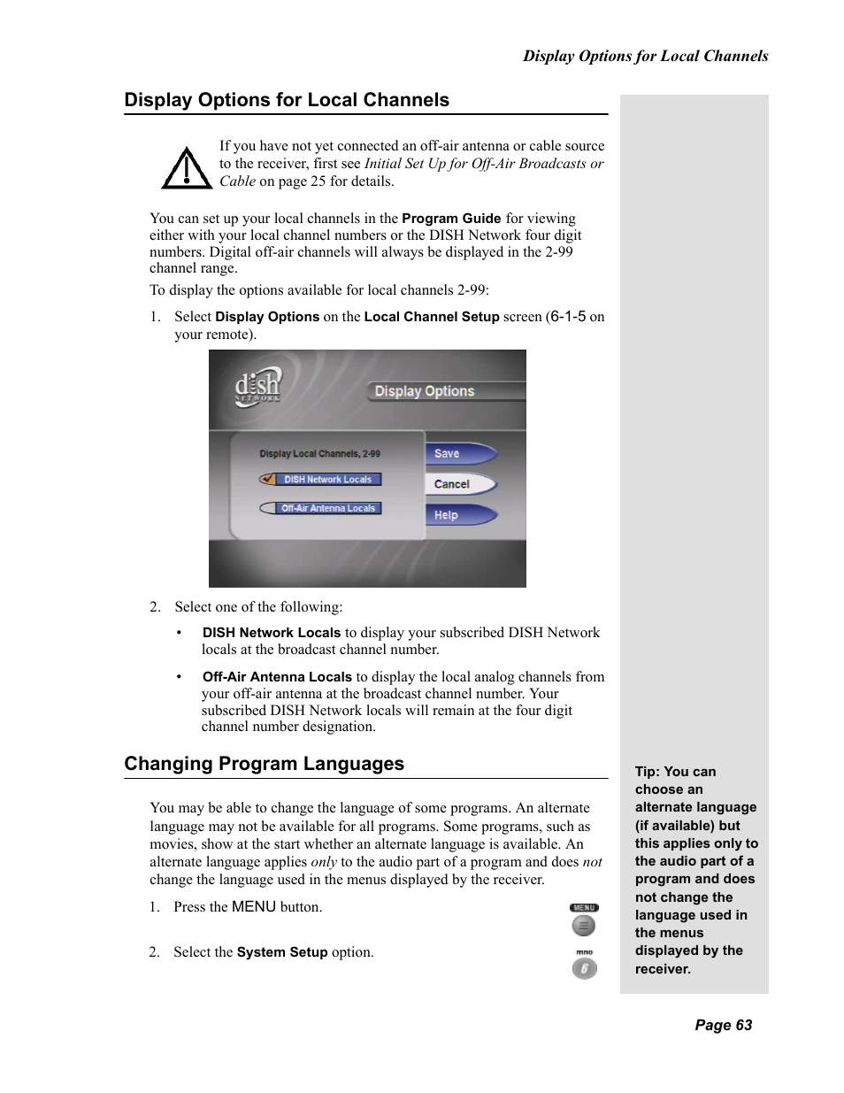 Display options for local channels, Changing program languages | Dish Network Solo 811 User Manual | Page 68 / 110