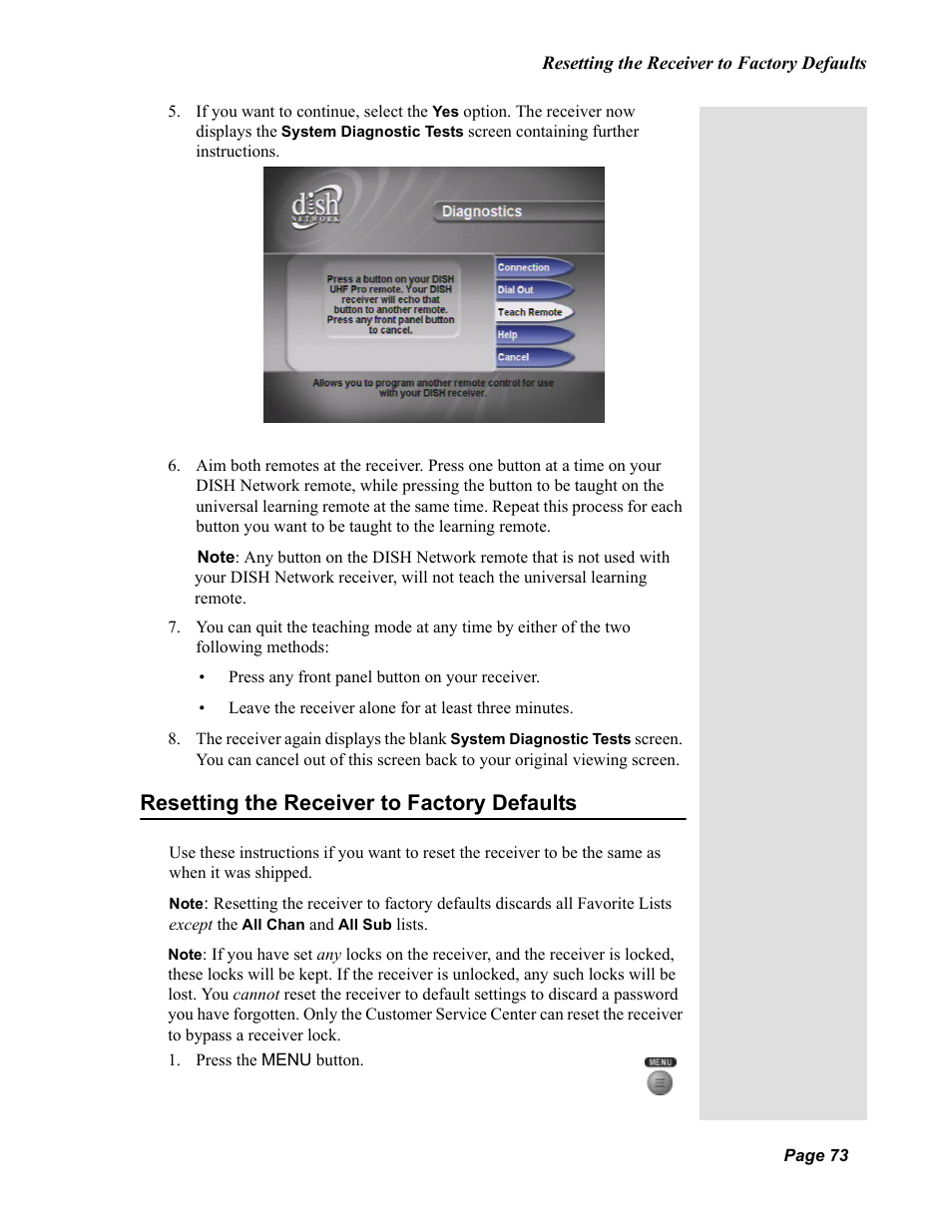 Resetting the receiver to factory defaults | Dish Network Solo 811 User Manual | Page 78 / 110