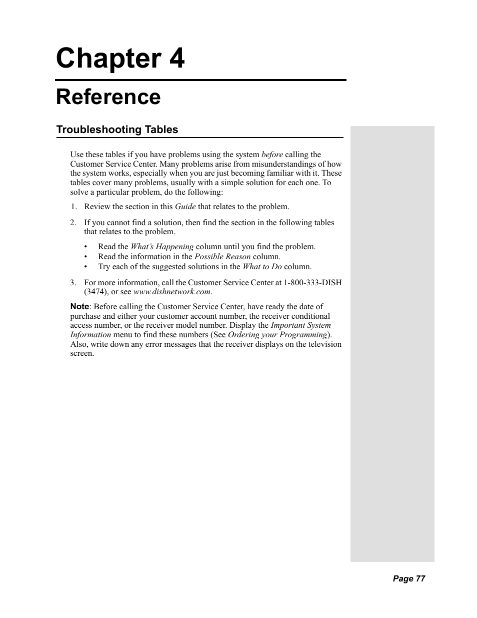 Chapter4, Chapter 4 - reference, Troubleshooting tables | Chapter 4, Reference | Dish Network Solo 811 User Manual | Page 82 / 110