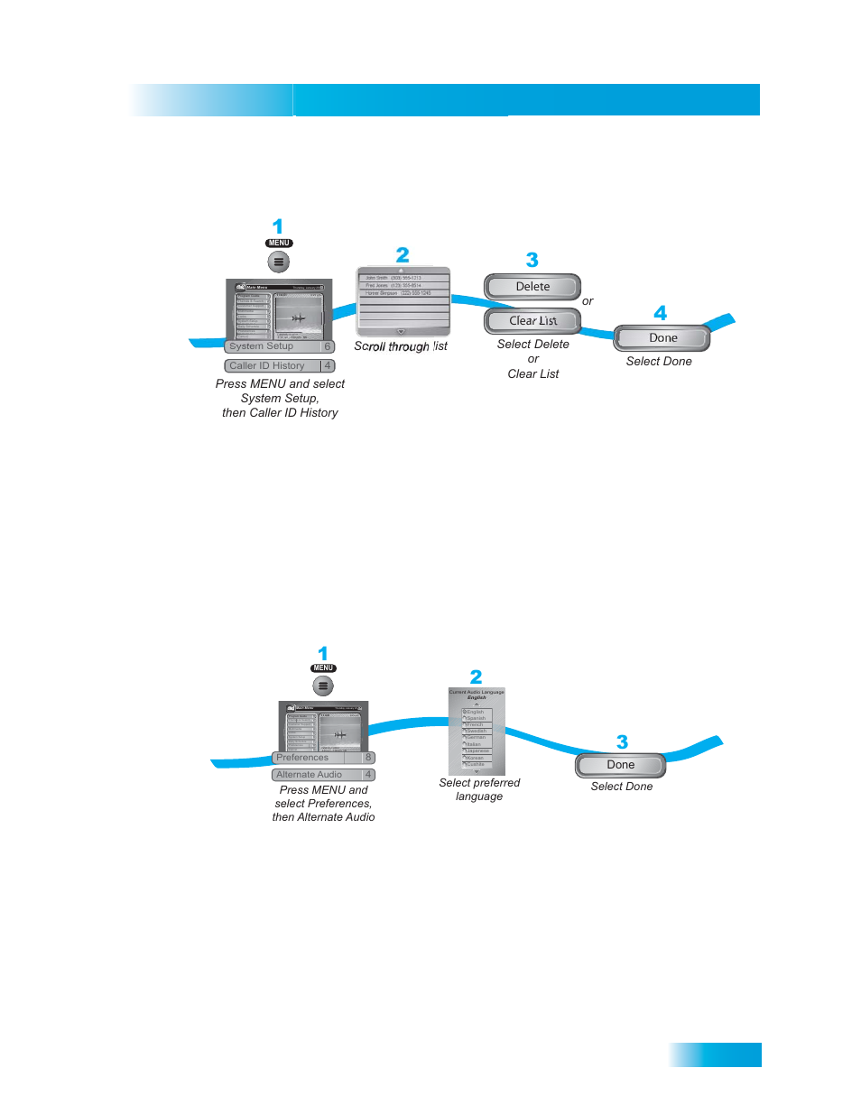 Hanging, Anguages, Receiver customization | Using caller id history, Changing languages, Scroll through list, Done | Dish Network DuoDVR ViP 722_TOC User Manual | Page 37 / 158