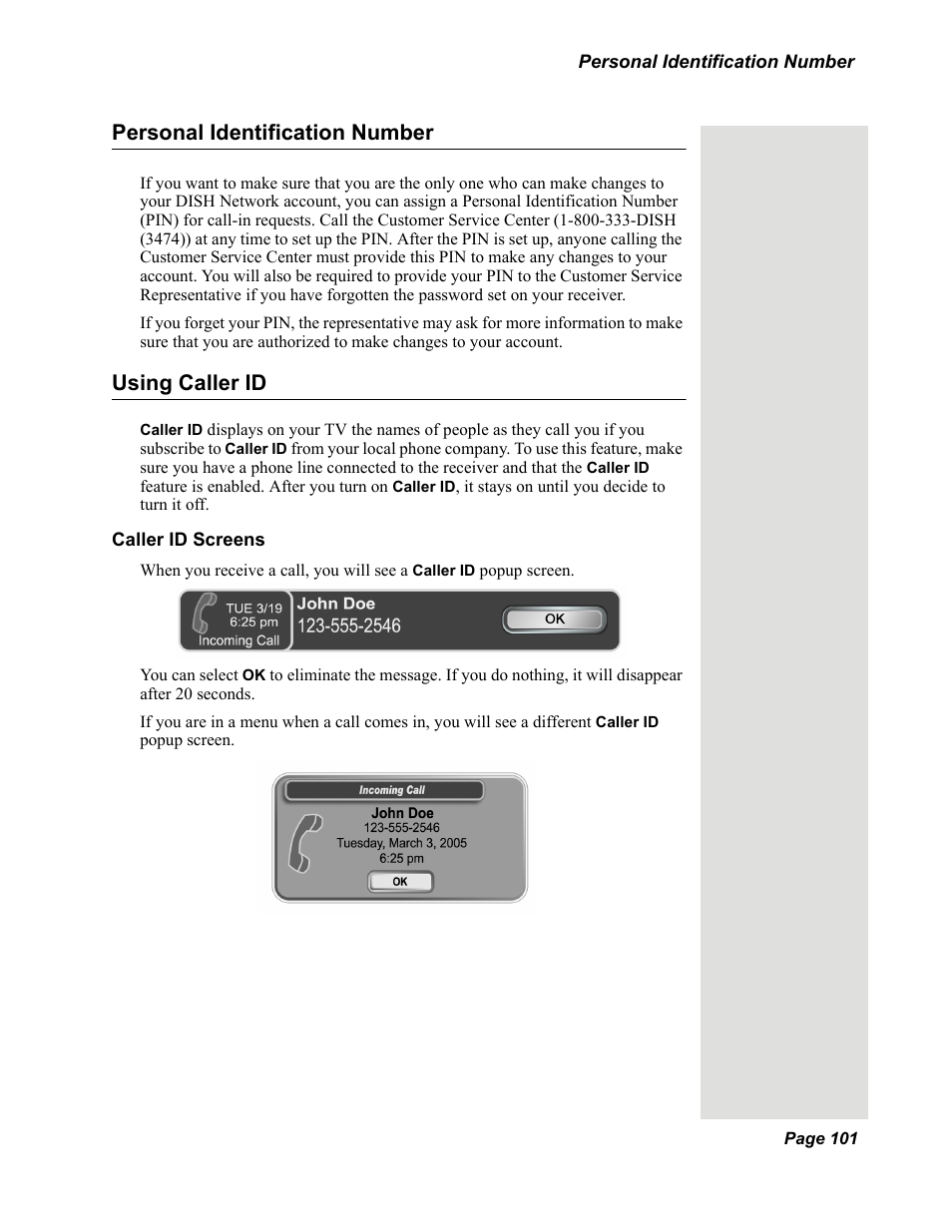 Personal identification number, Using caller id | Dish Network DuoDVR 625 User Manual | Page 106 / 179