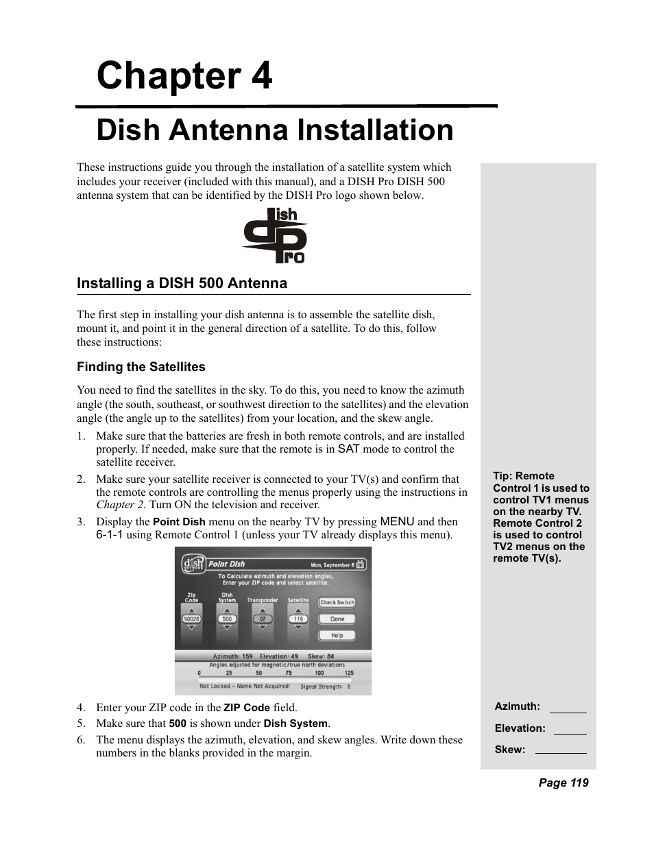 Chapter4, Chapter 4 - dish antenna installation, Chapter 4 | Dish antenna installation | Dish Network DuoDVR 625 User Manual | Page 124 / 179