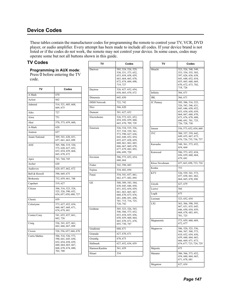 Device codes, Tv codes, Page 147 | Press 0 before entering the tv code, Programming in aux mode | Dish Network DuoDVR 625 User Manual | Page 152 / 179