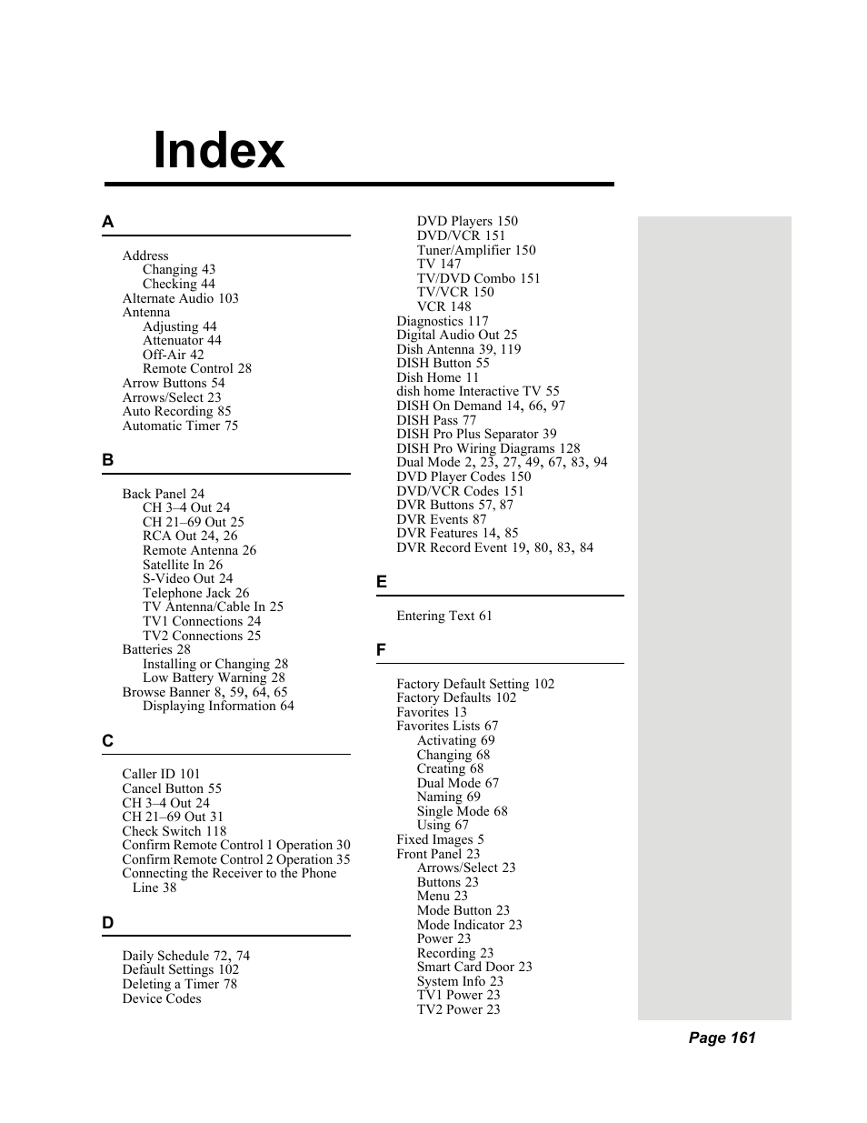 Index | Dish Network DuoDVR 625 User Manual | Page 166 / 179