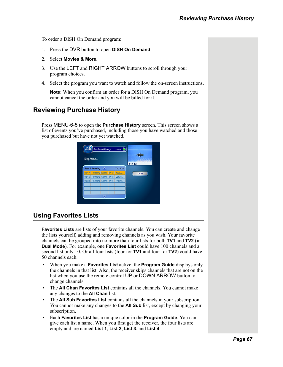 Reviewing purchase history, Using favorites lists | Dish Network DuoDVR 625 User Manual | Page 72 / 179