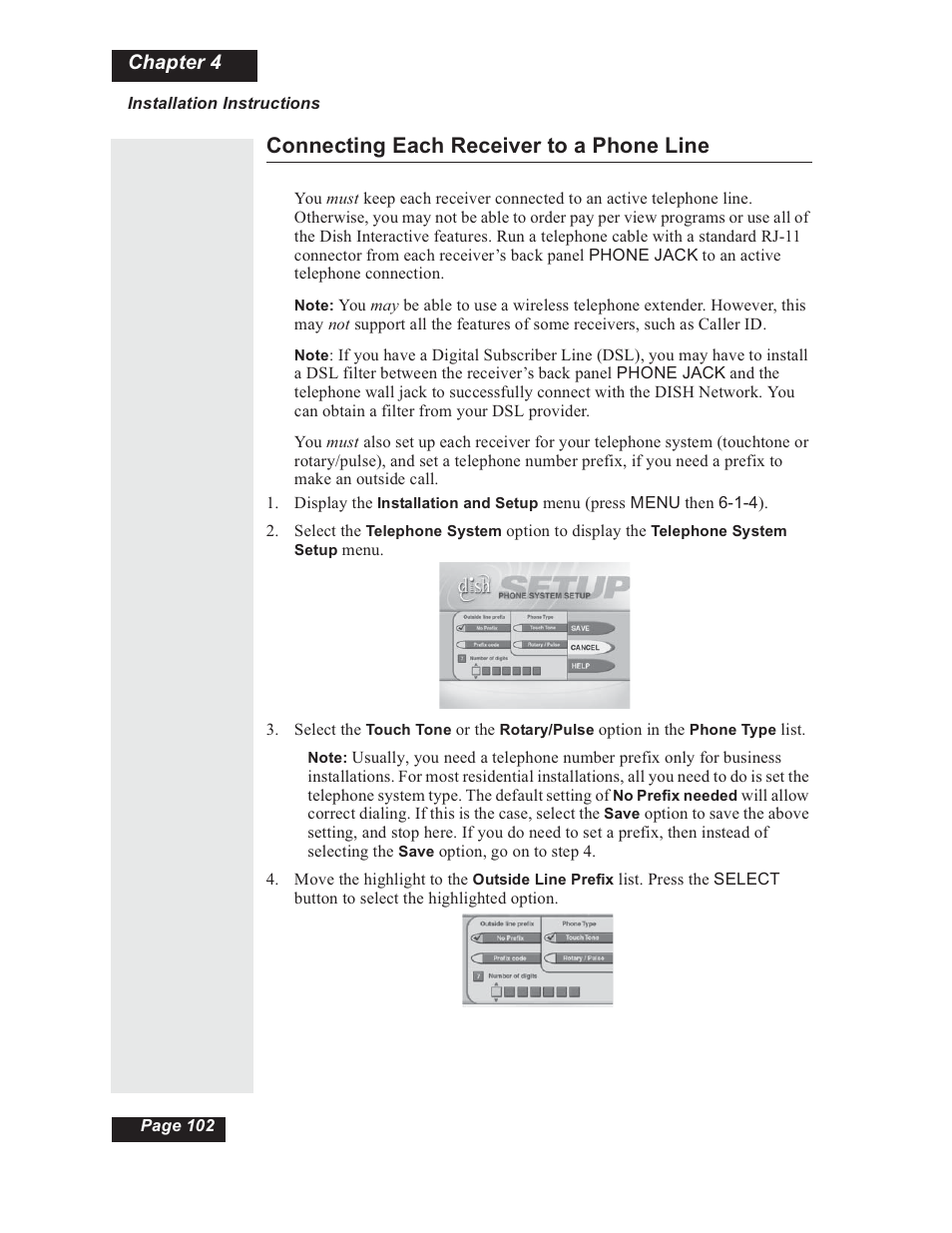 Connecting each receiver to a phone line 102, Connecting each receiver to a phone line, Chapter 4 | Dish Network 112182 User Manual | Page 108 / 148