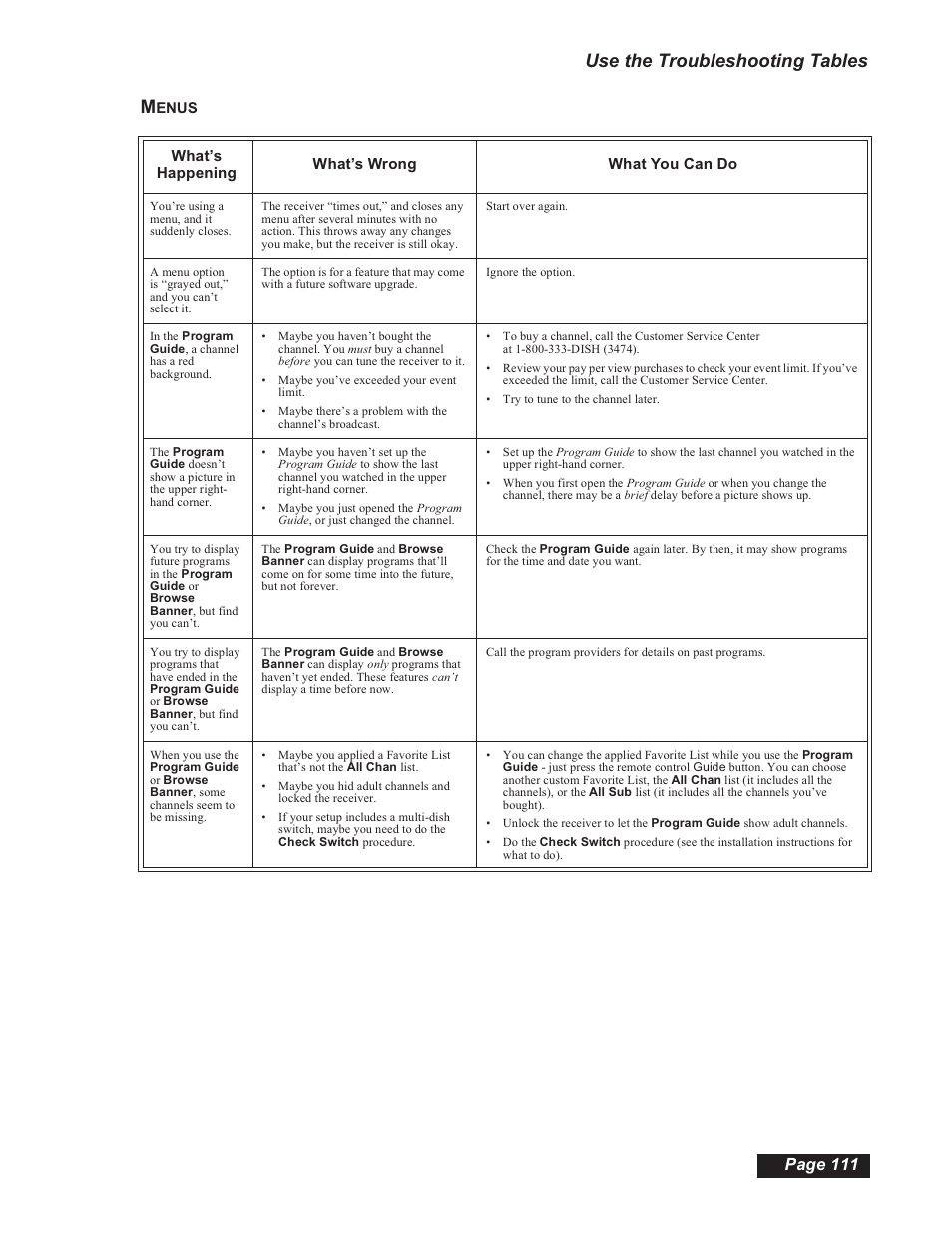 Use the troubleshooting tables m, Page 111 | Dish Network 112182 User Manual | Page 117 / 148
