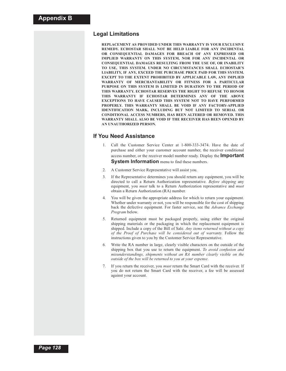 Appendix b, Legal limitations, If you need assistance | Dish Network 112182 User Manual | Page 134 / 148