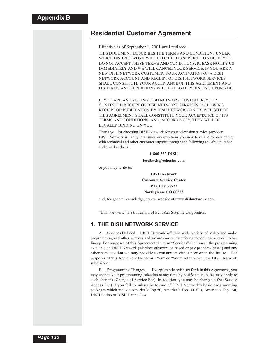 Residential customer agreement, Appendix b, The dish network service | Dish Network 112182 User Manual | Page 136 / 148