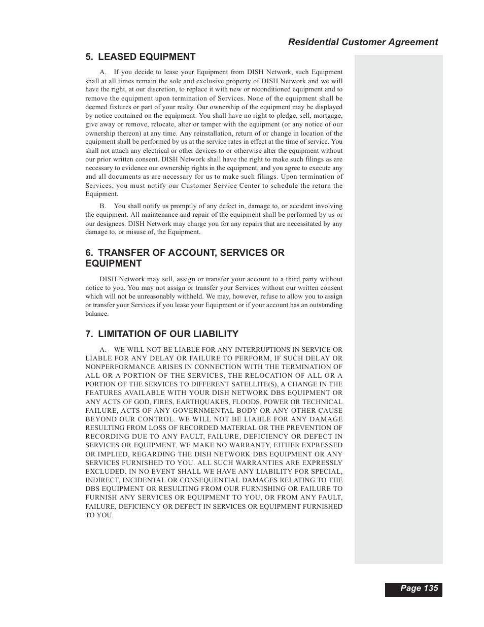 Residential customer agreement 5. leased equipment, Transfer of account, services or equipment, Limitation of our liability | Dish Network 112182 User Manual | Page 141 / 148