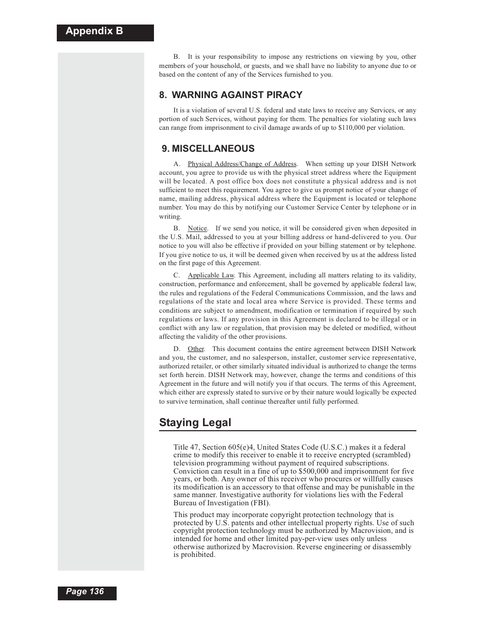 Staying legal, Appendix b, Warning against piracy | Miscellaneous | Dish Network 112182 User Manual | Page 142 / 148