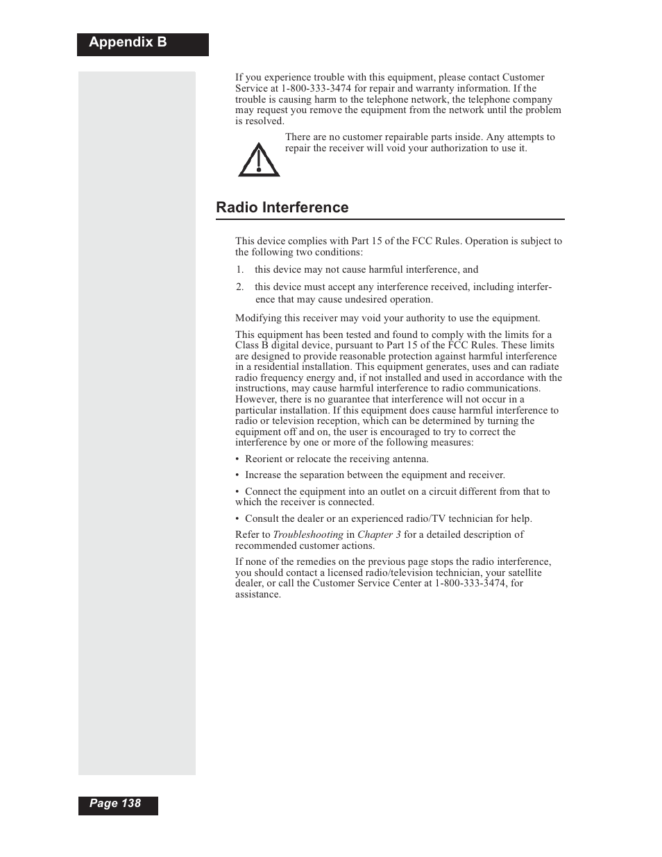 Radio interference, Appendix b | Dish Network 112182 User Manual | Page 144 / 148