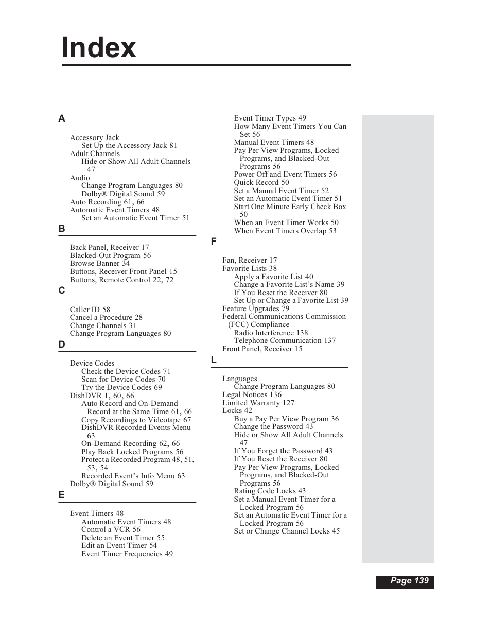Index | Dish Network 112182 User Manual | Page 145 / 148