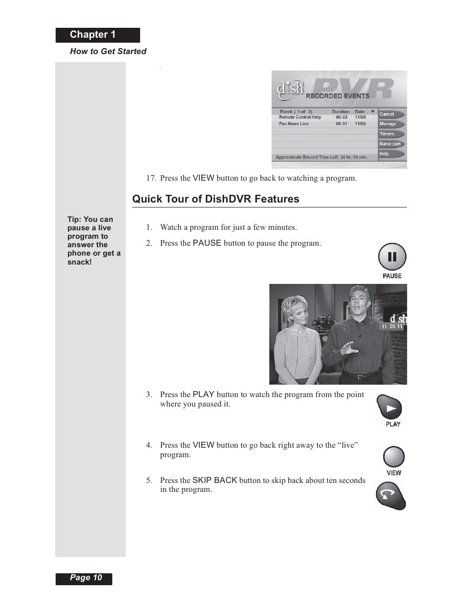 Quick tour of dishdvr features, Chapter 1 | Dish Network 112182 User Manual | Page 16 / 148