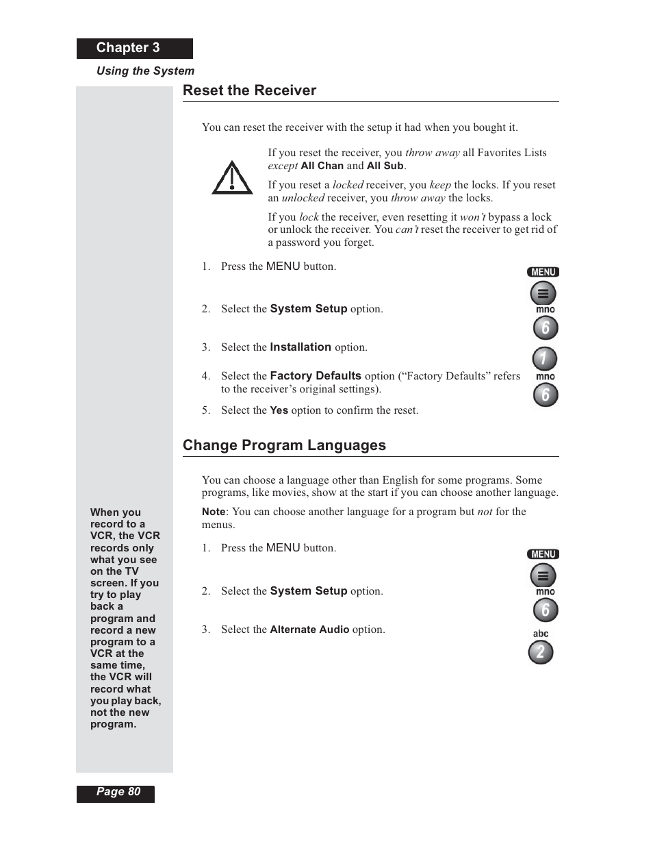 Reset the receiver change program languages, Reset the receiver, Change program languages | Chapter 3 | Dish Network 112182 User Manual | Page 86 / 148