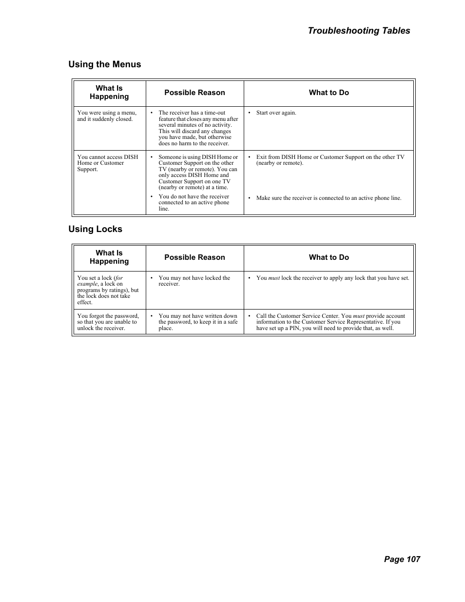 Troubleshooting tables using the menus using locks, Page 107 | Dish Network Solo 351 User Manual | Page 112 / 138