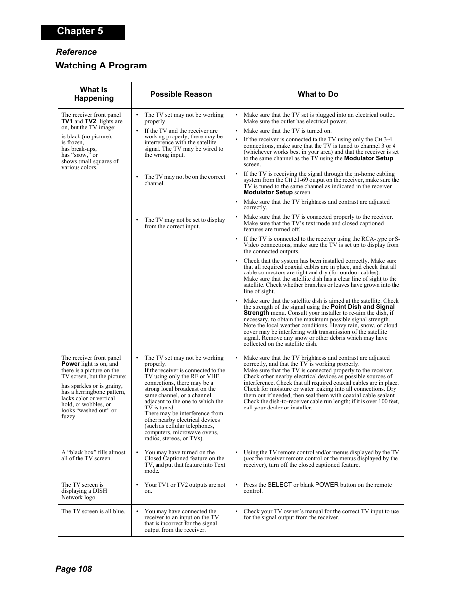 Chapter 5, Watching a program, Page 108 reference | Dish Network Solo 351 User Manual | Page 113 / 138