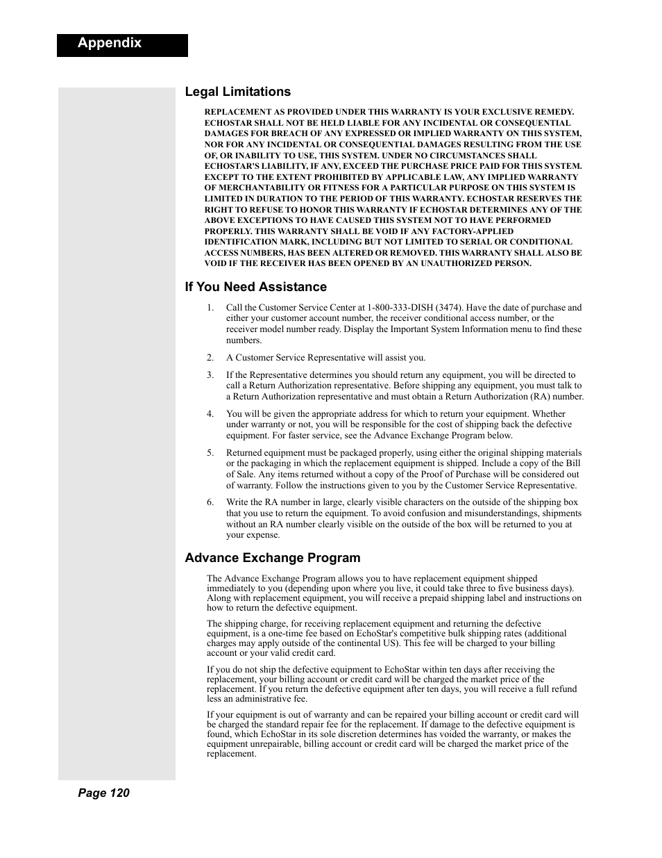 Appendix, Legal limitations, If you need assistance | Advance exchange program | Dish Network Solo 351 User Manual | Page 125 / 138