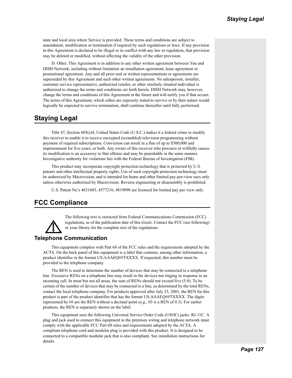 Staying legal fcc compliance, Staying legal, Fcc compliance | Dish Network Solo 351 User Manual | Page 132 / 138