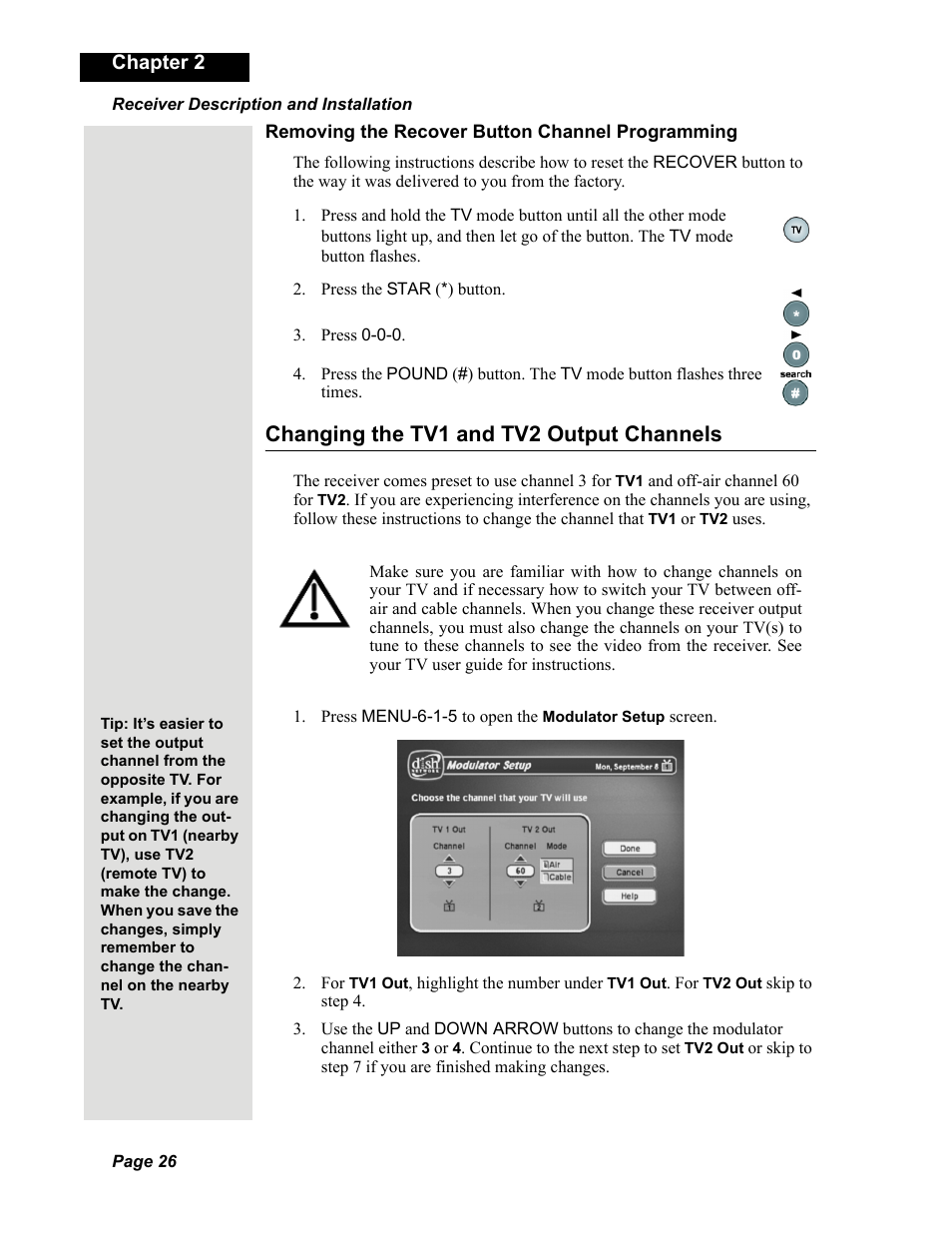 Changing the tv1 and tv2 output channels | Dish Network Solo 351 User Manual | Page 31 / 138