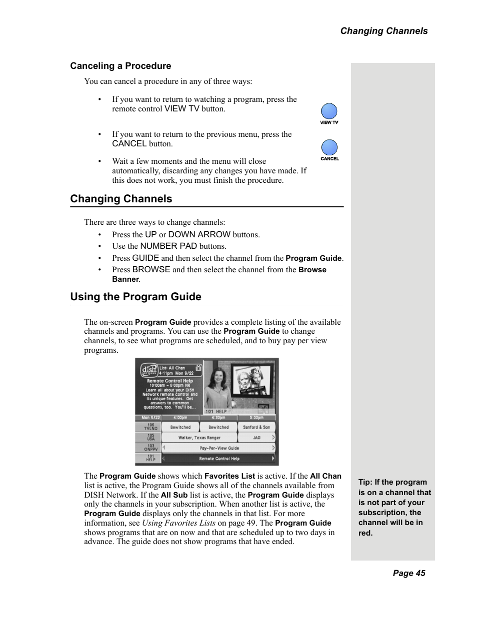 Changing channels using the program guide, Changing channels, Using the program guide | Dish Network Solo 351 User Manual | Page 50 / 138