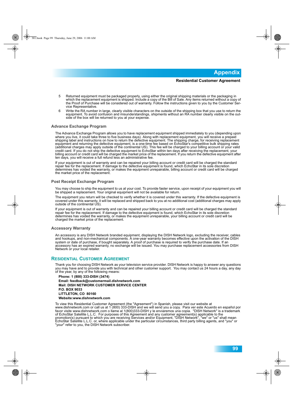 Esidential, Ustomer, Greement | Appendix | Dish Network Solo 381 User Manual | Page 104 / 114