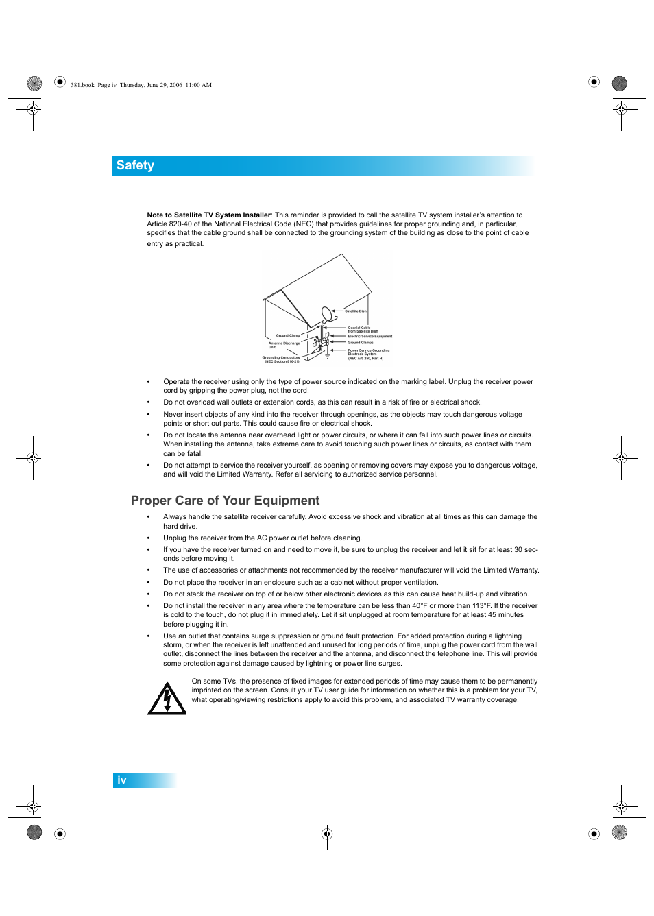 Safety, Proper care of your equipment | Dish Network Solo 381 User Manual | Page 5 / 114