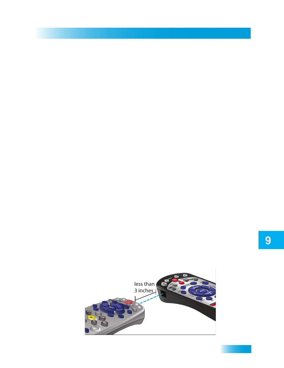 Remote control setup, Learning from another device’s remote, Less than 3 inches | Operating other devices | Dish Network Solo ViP 411 User Manual | Page 75 / 146