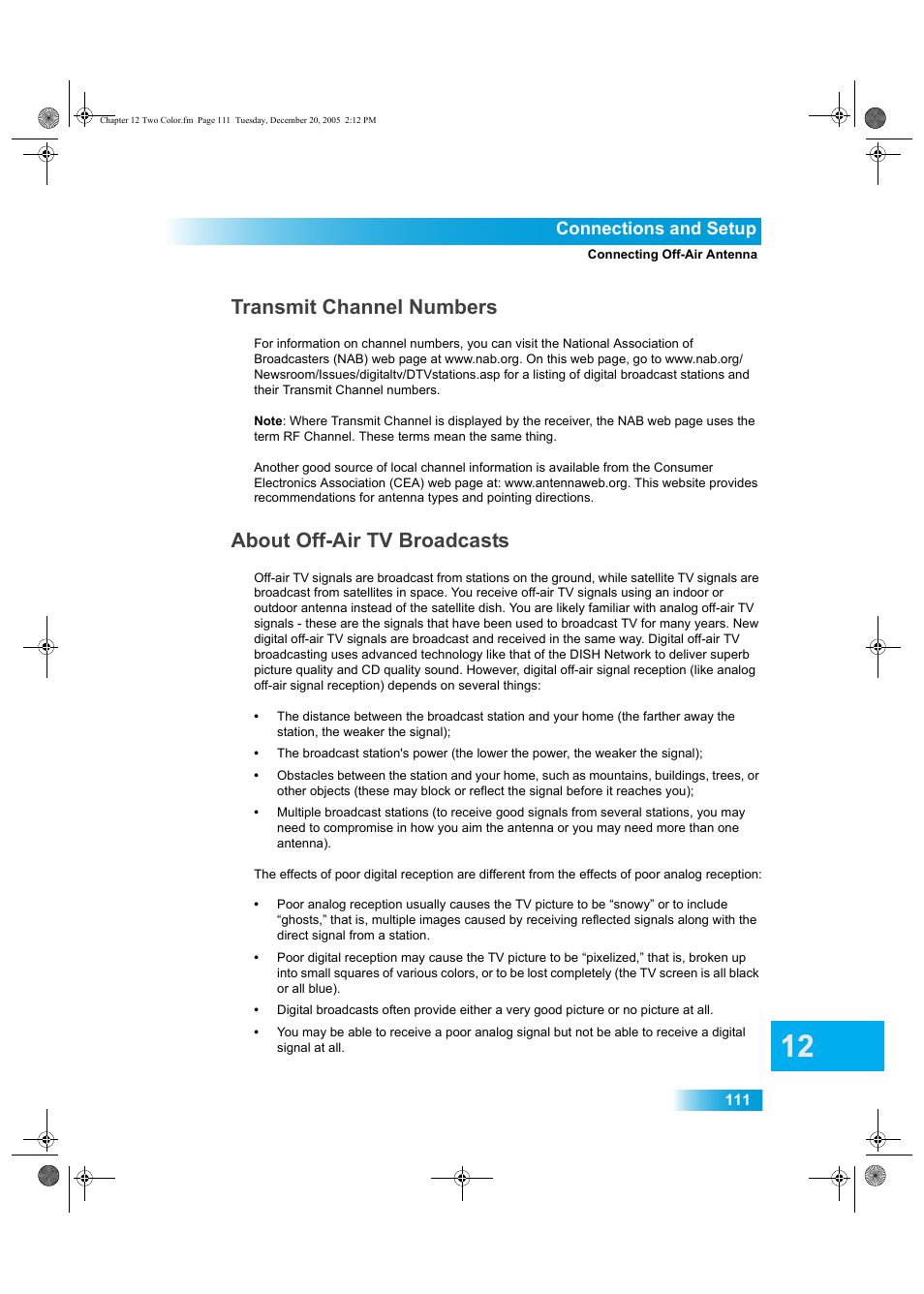 Transmit channel numbers, About off-air tv broadcasts, Connections and setup | Dish Network DuoDVR ViP 622 User Manual | Page 118 / 154