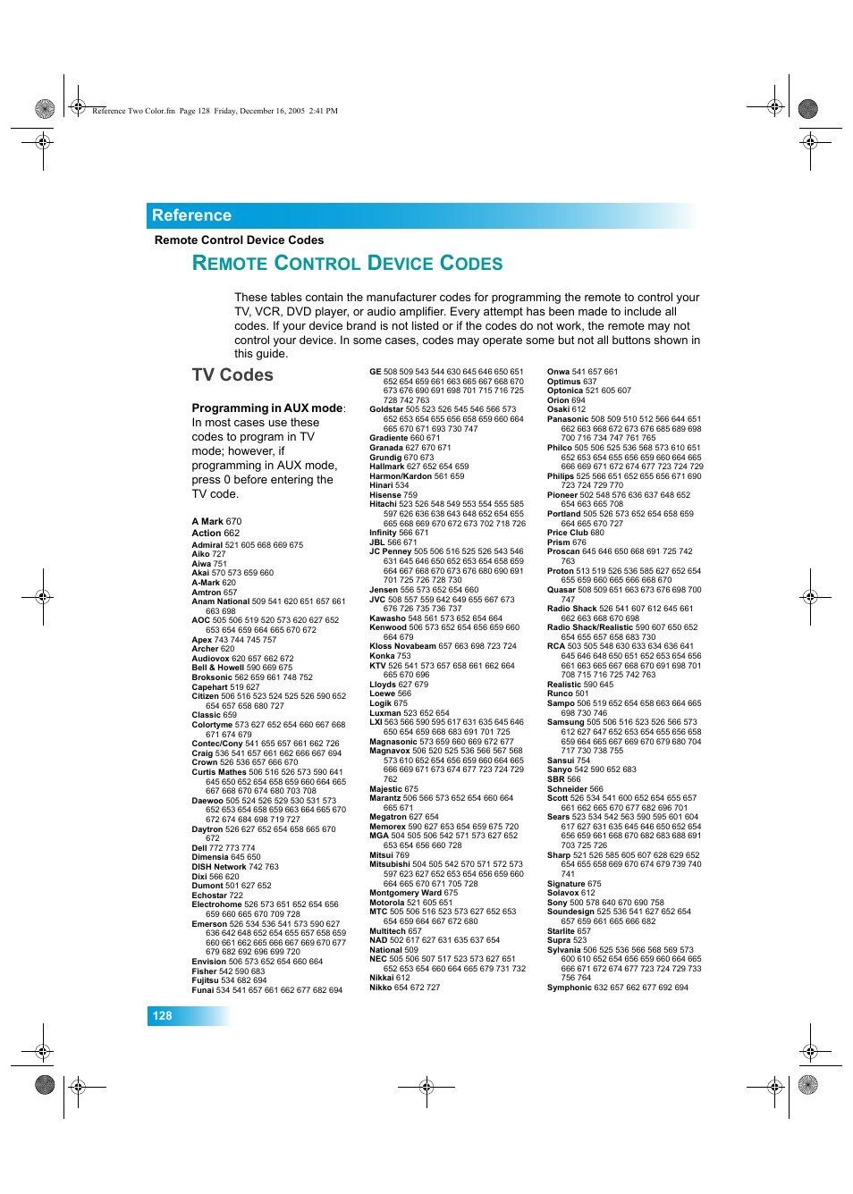 Emote, Ontrol, Evice | Odes, Tv codes, Reference | Dish Network DuoDVR ViP 622 User Manual | Page 135 / 154