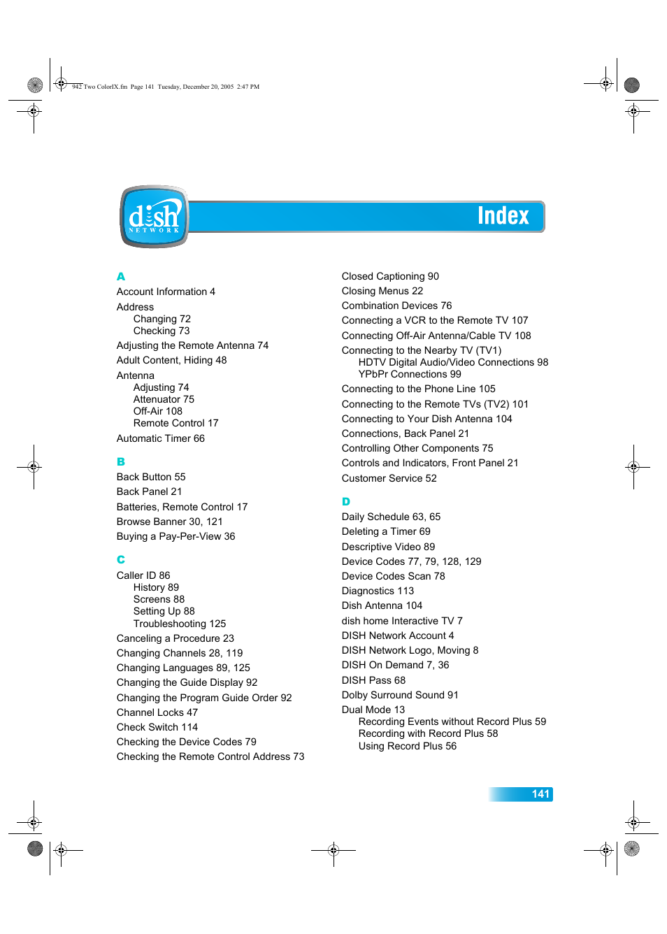 Index | Dish Network DuoDVR ViP 622 User Manual | Page 148 / 154