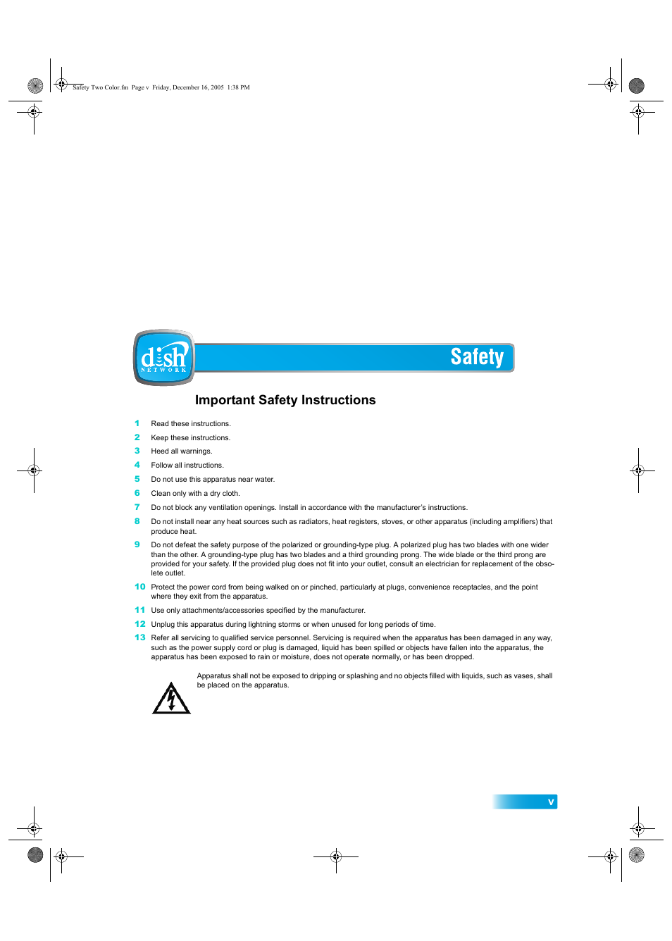 Important safety precautions v, Important safety instructions | Dish Network DuoDVR ViP 622 User Manual | Page 6 / 154