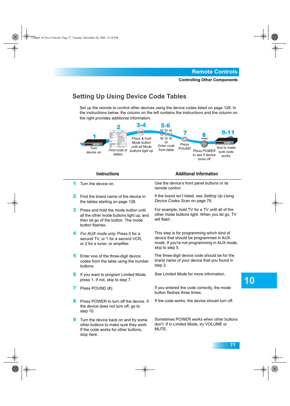 Setting up using device code tables, Remote controls | Dish Network DuoDVR ViP 622 User Manual | Page 84 / 154