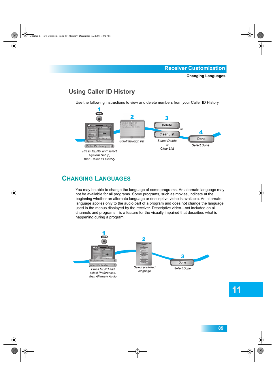 Hanging, Anguages, Using caller id history | Dish Network DuoDVR ViP 622 User Manual | Page 96 / 154