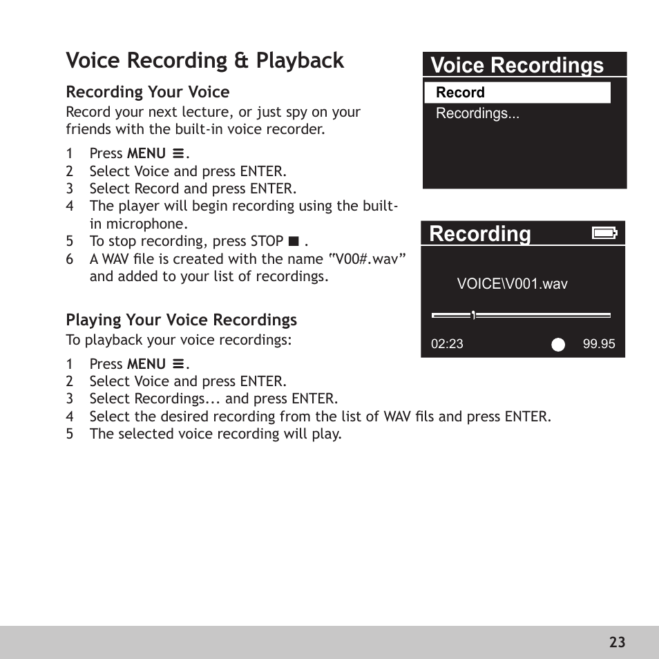 Voice recording & playback, Recording your voice, Playing your voice recordings | Voice recordings, Recording | Digital Voice Systems Amp128 User Manual | Page 23 / 36