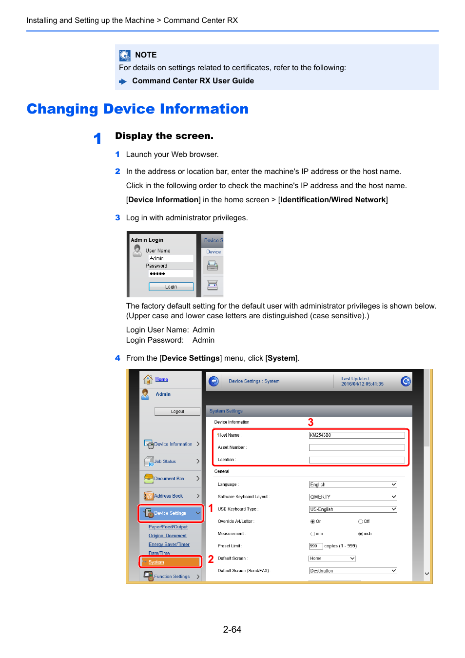 Changing device information, Changing device information -64 | Kyocera Taskalfa 3511i User Manual | Page 129 / 610
