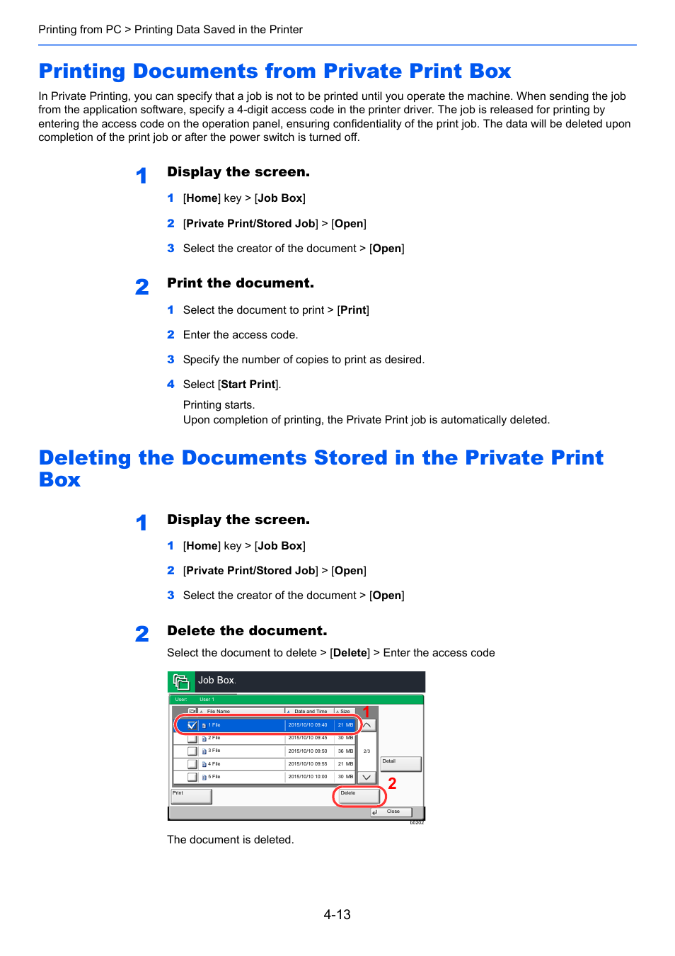 Printing documents from private print box, Display the screen, Print the document | Delete the document | Kyocera Taskalfa 3511i User Manual | Page 186 / 610