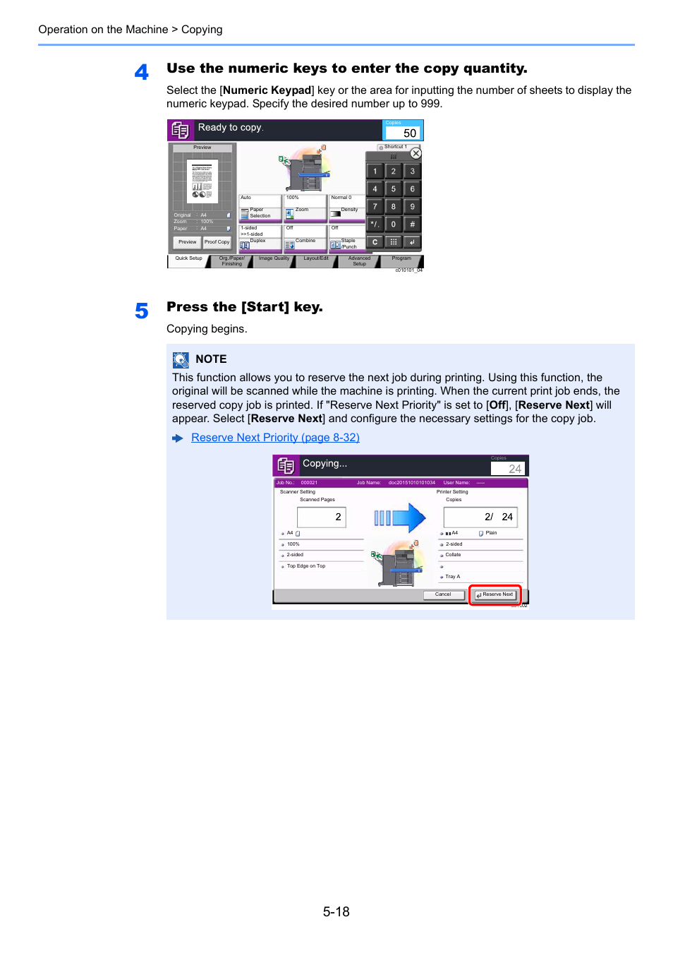 Use the numeric keys to enter the copy quantity, Press the [start] key, Operation on the machine > copying | Kyocera Taskalfa 3511i User Manual | Page 211 / 610