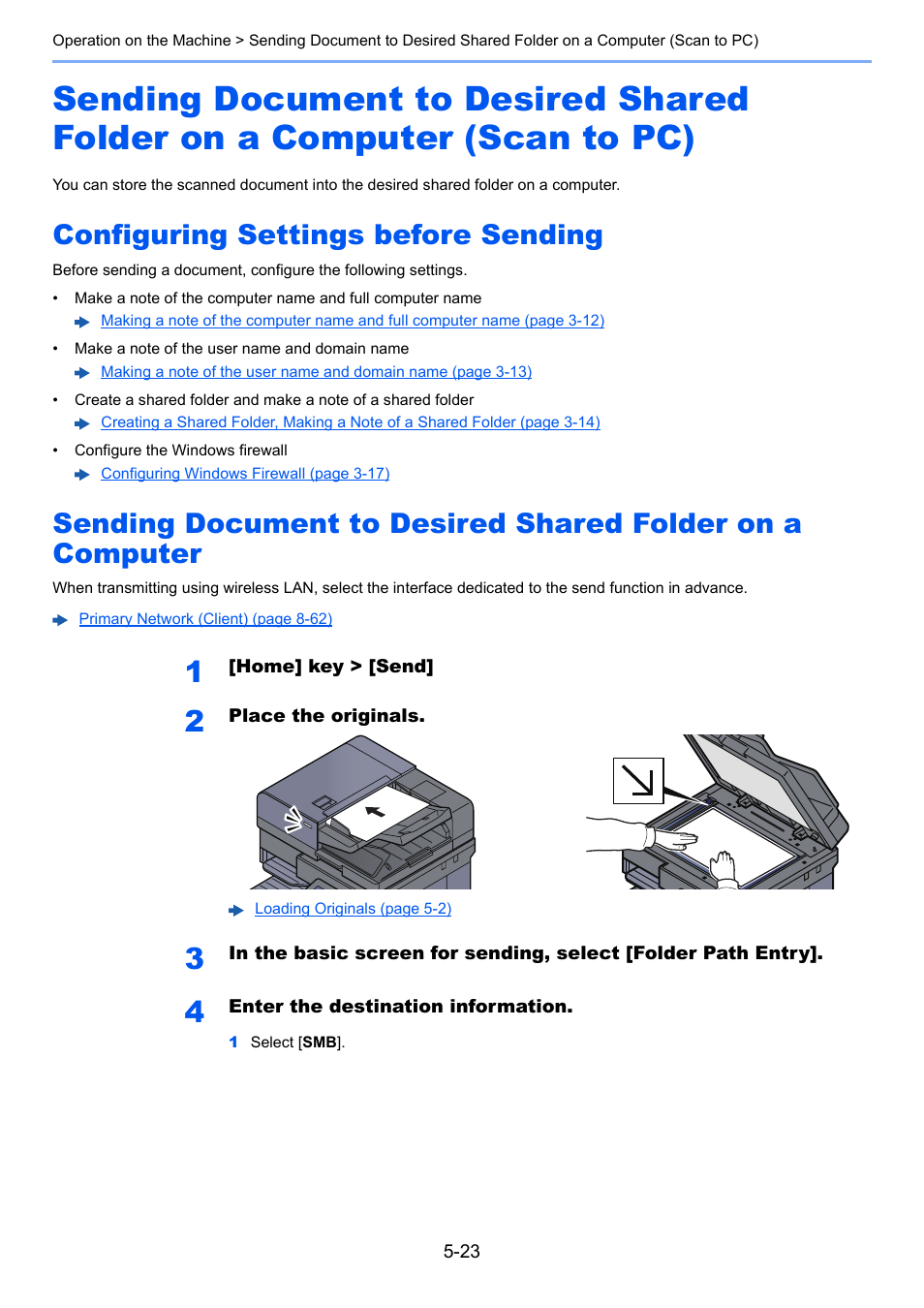 Configuring settings before sending, Sending document to desired shared folder on a, Computer (scan to pc) -23 | Configuring settings before sending -23, Sending document to desired shared, Folder on a computer -23 | Kyocera Taskalfa 3511i User Manual | Page 216 / 610