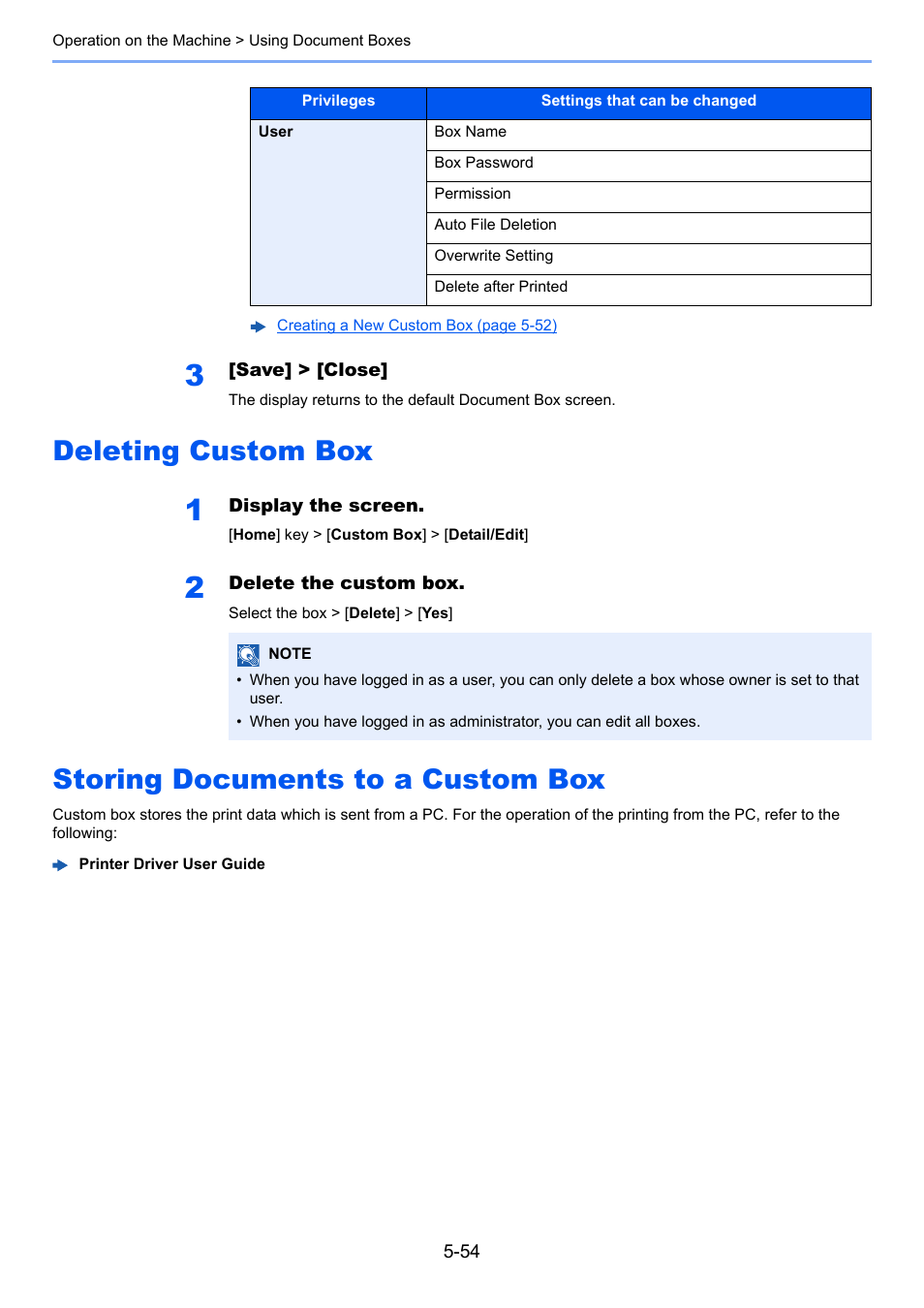 Deleting custom box, Storing documents to a custom box, Deleting custom box -54 | Storing documents to a custom box 5-54 | Kyocera Taskalfa 3511i User Manual | Page 247 / 610