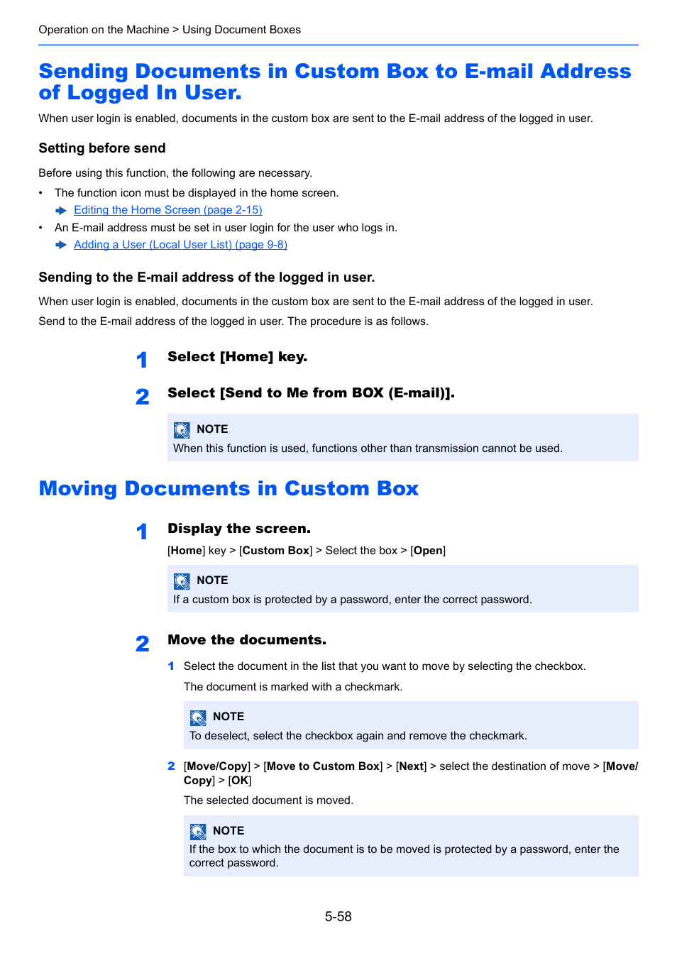 Moving documents in custom box, Sending documents in custom box, To e-mail address of logged in user. 5-58 | Moving documents in custom box -58 | Kyocera Taskalfa 3511i User Manual | Page 251 / 610