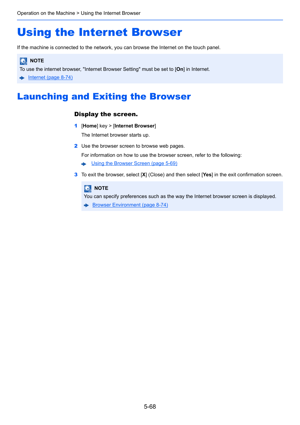Using the internet browser, Launching and exiting the browser, Using the internet browser -68 | Launching and exiting the browser -68 | Kyocera Taskalfa 3511i User Manual | Page 261 / 610