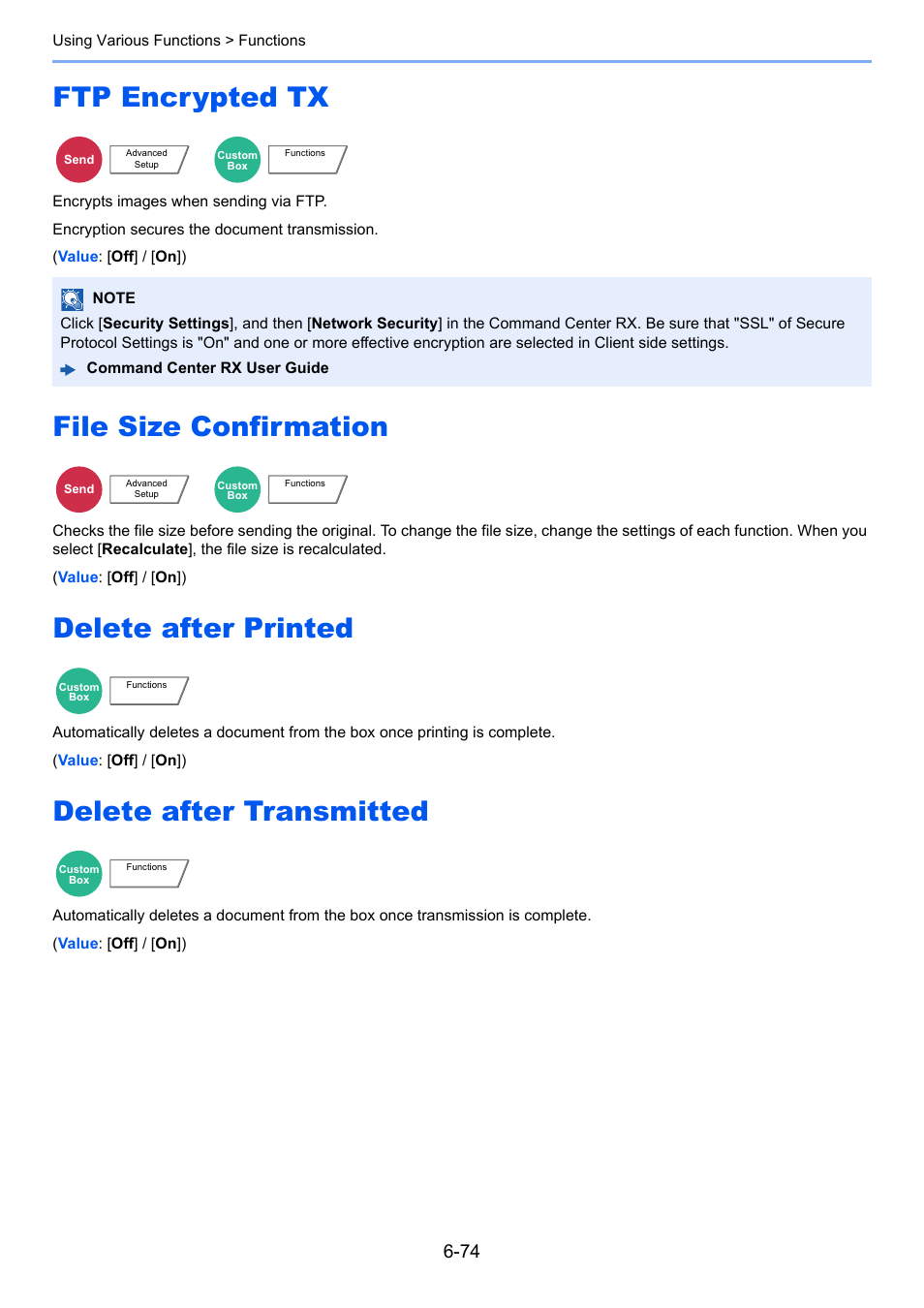 Ftp encrypted tx, File size confirmation, Delete after printed | Delete after transmitted, Ansmitted, Encrypts images when sending via ftp | Kyocera Taskalfa 3511i User Manual | Page 338 / 610
