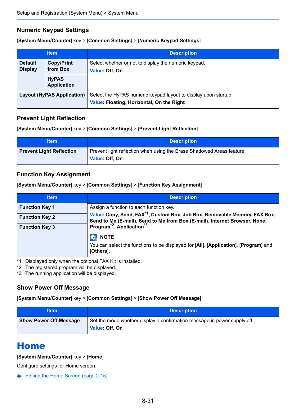 Home, Home -31, F message | Configure settings for home screen, Numeric keypad settings, Prevent light reflection, Function key assignment, Show power off message | Kyocera Taskalfa 3511i User Manual | Page 385 / 610