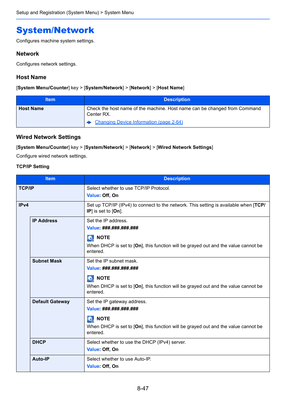 System/network, System/network -47, Tcp/ip setting | Network, Configures network settings | Kyocera Taskalfa 3511i User Manual | Page 401 / 610