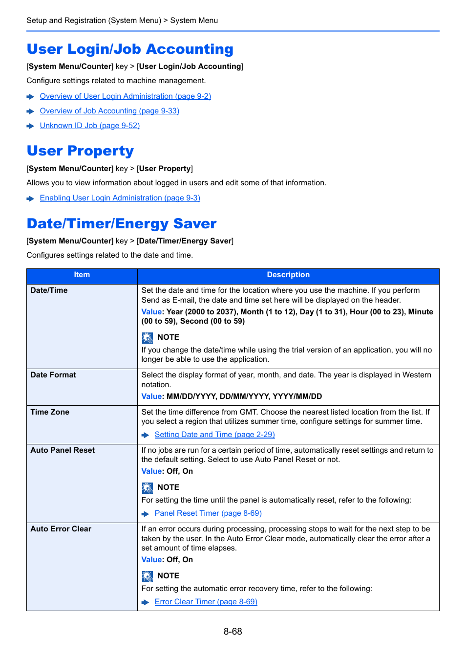User login/job accounting, User property, Date/timer/energy saver | Clear, Configures settings related to the date and time | Kyocera Taskalfa 3511i User Manual | Page 422 / 610