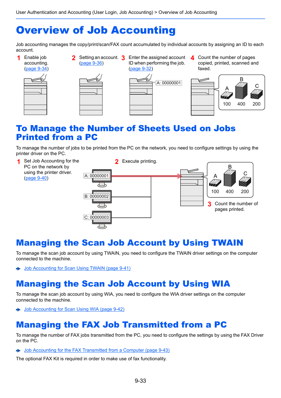 Overview of job accounting, Managing the scan job account by using twain, Managing the scan job account by using wia | Managing the fax job transmitted from a pc, Overview of job accounting -33, To manage the number of sheets, Using twain -33 managing the scan job account by, Using wia -33 managing the fax job transmitted, From a pc -33 | Kyocera Taskalfa 3511i User Manual | Page 461 / 610