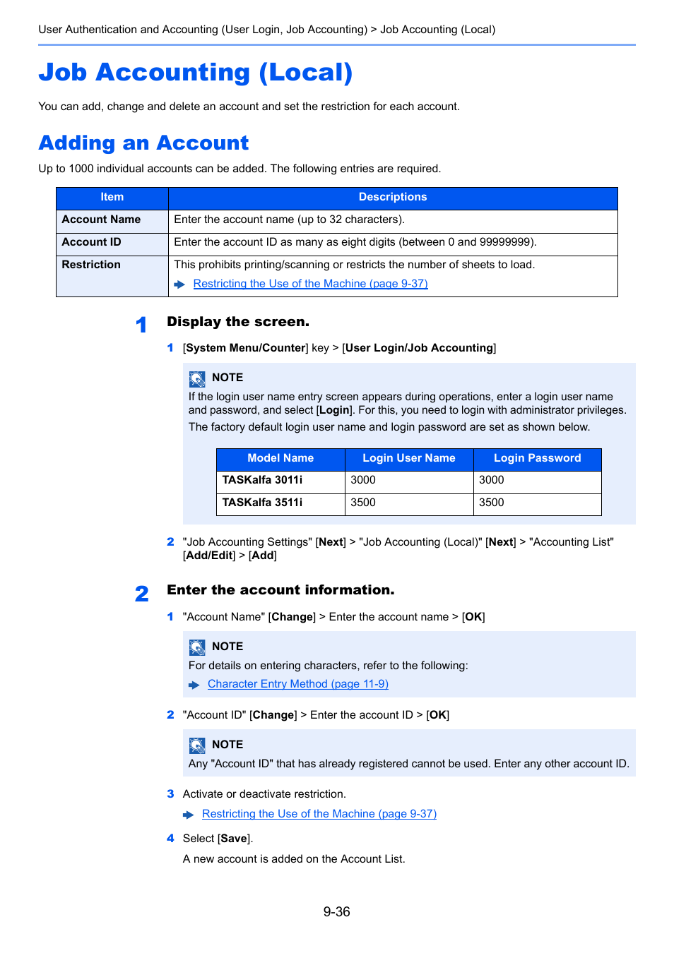 Job accounting (local), Adding an account, Job accounting (local) -36 | Adding an account -36 | Kyocera Taskalfa 3511i User Manual | Page 464 / 610