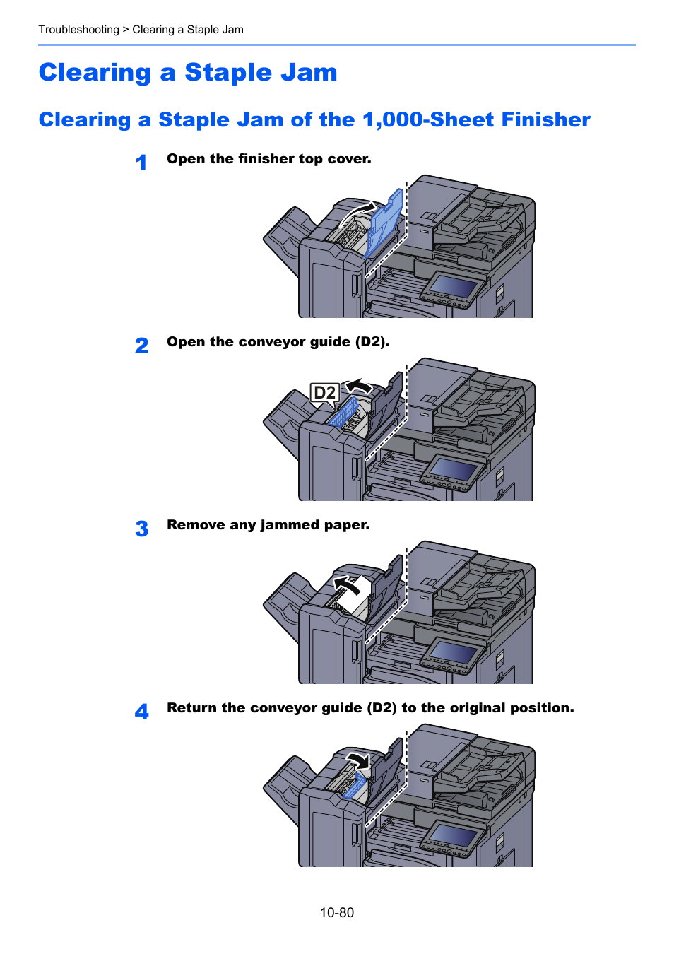 Clearing a staple jam, Clearing a staple jam of the 1,000-sheet finisher, Clearing a staple jam -80 | Kyocera Taskalfa 3511i User Manual | Page 561 / 610