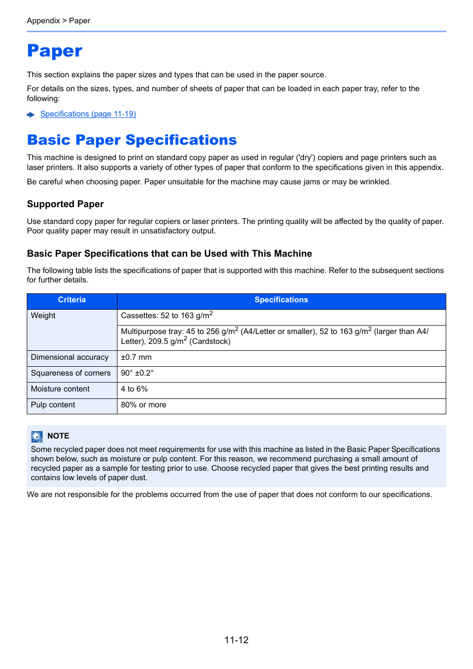 Paper, Basic paper specifications, Paper -12 | Basic paper specifications -12 | Kyocera Taskalfa 3511i User Manual | Page 578 / 610